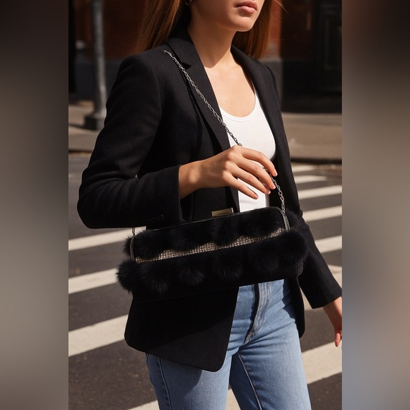 Secret Gardens by Karen Sharf black pom-pom rhinestone baguette clutch - Picture 10 of 11